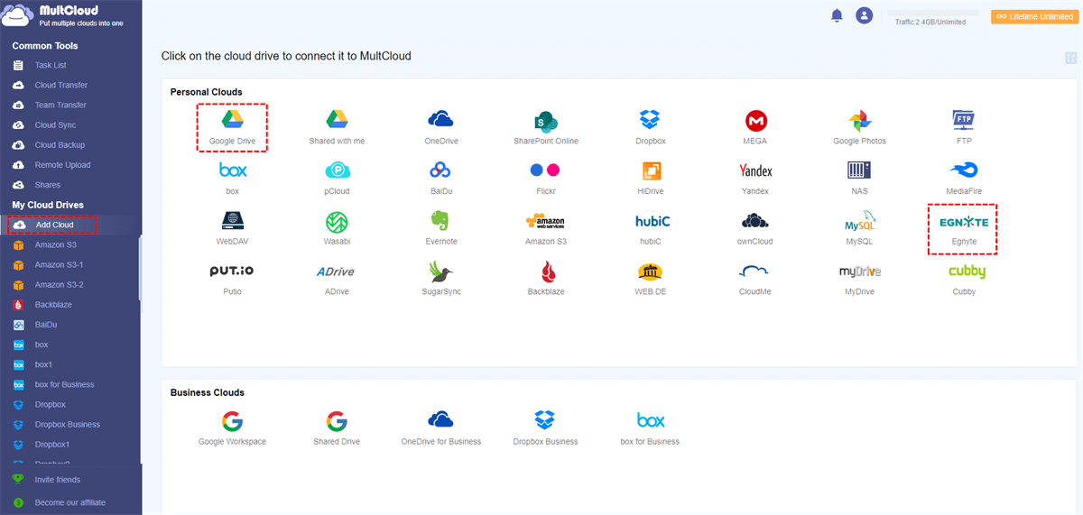 Add Egnyte and Google Drive to MultCloud
