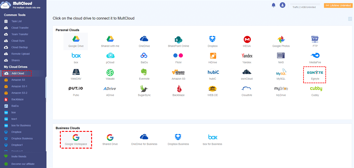 Add Egnyte and Google Workspace to MultCloud