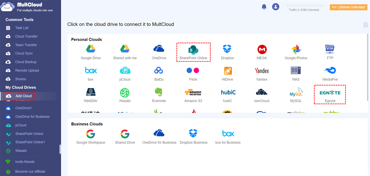 Add Egnyte and SharePoint to MultCloud