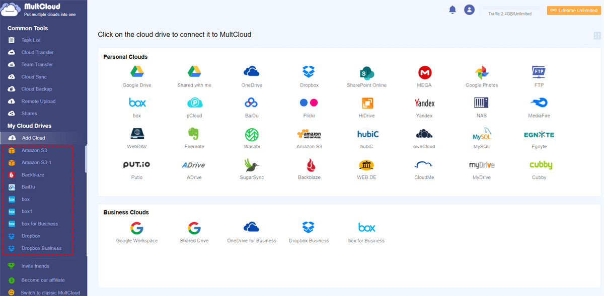 All Added Accounts in MultCloud