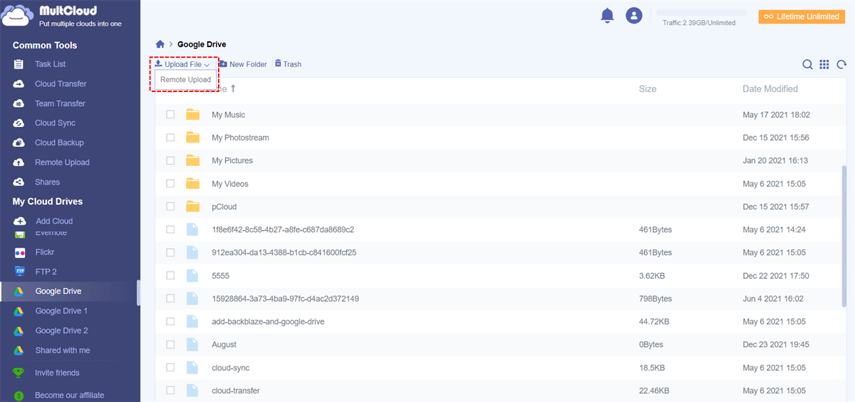 Upload Files to Google Drive through MultCloud