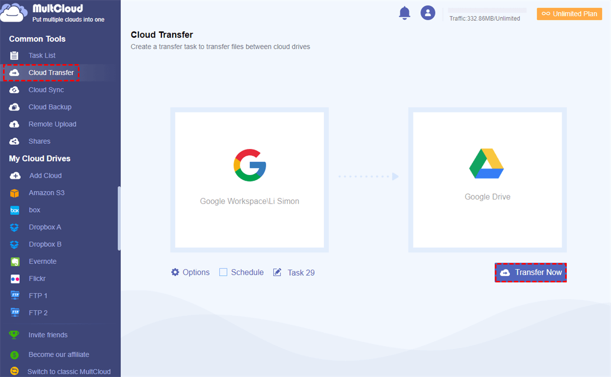 Transfer School Google Drive to Another Account with MultCloud