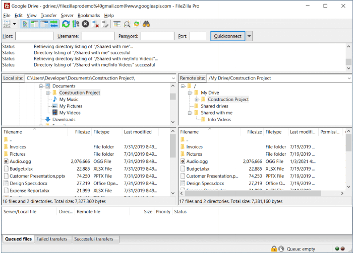 Local and Google Drive Directories in FileZilla