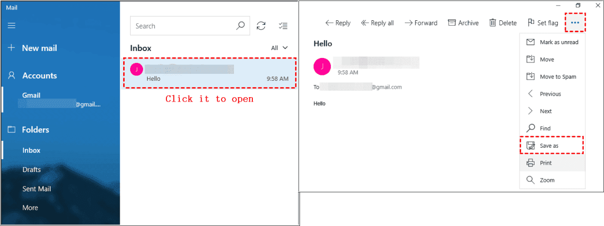 Save As for Gmail Emails in Windows Mail App