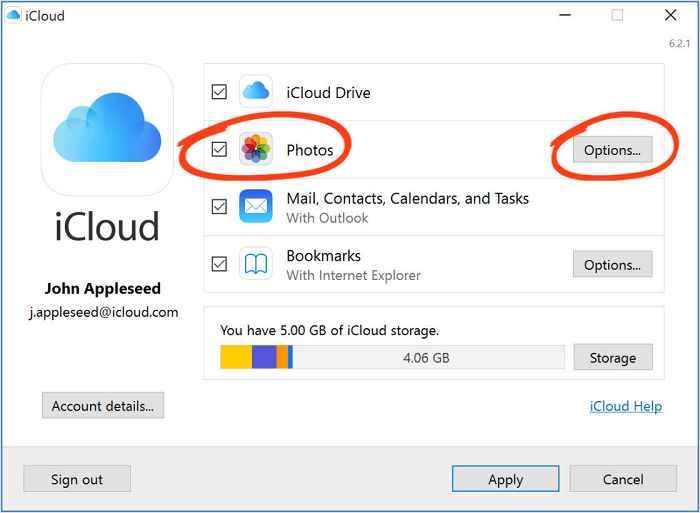 Choose Options Next to iCloud Photos on Windows