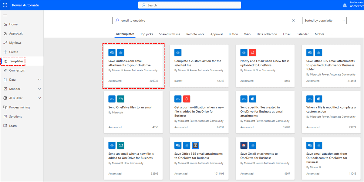 Search Outlook Attachments to OneDrive Template