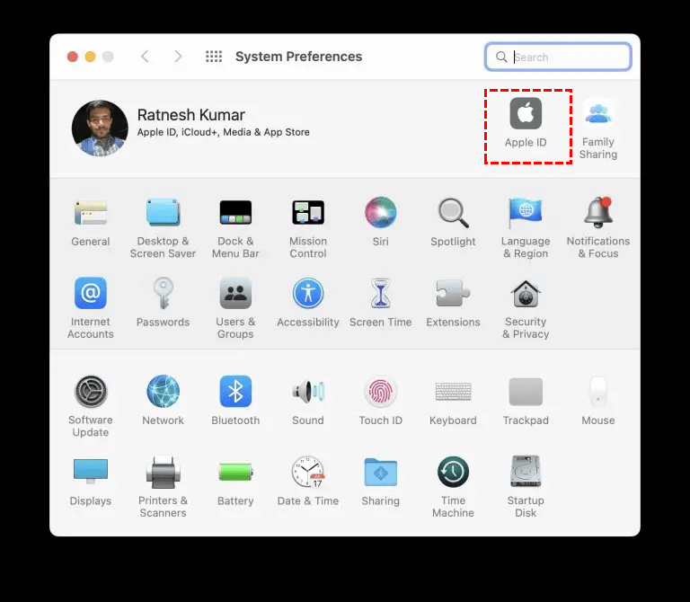 Click Apple ID in System Preferences