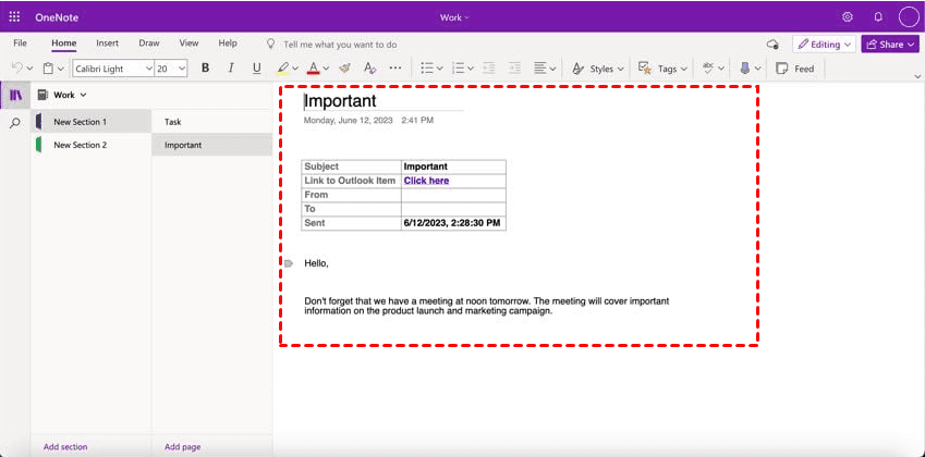Modify Outlook Emails in OneNote