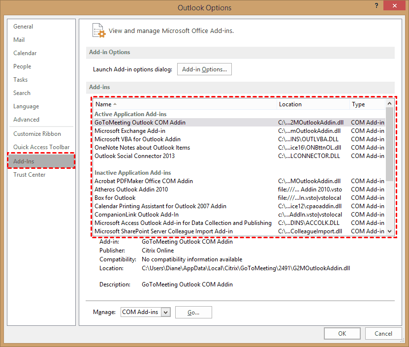 Outlook Options Add Ins