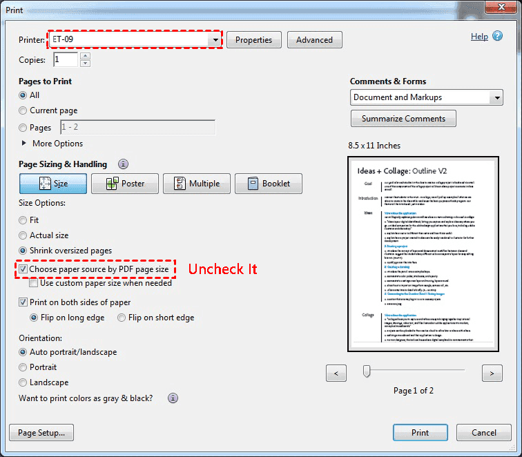 Uncheck Choose Paper Source By PDF Page Size