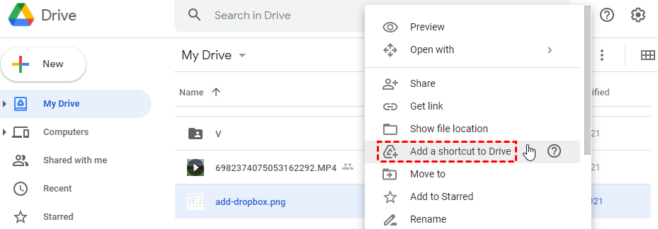 Add a Shortcut of Your File to Google Drive Web
