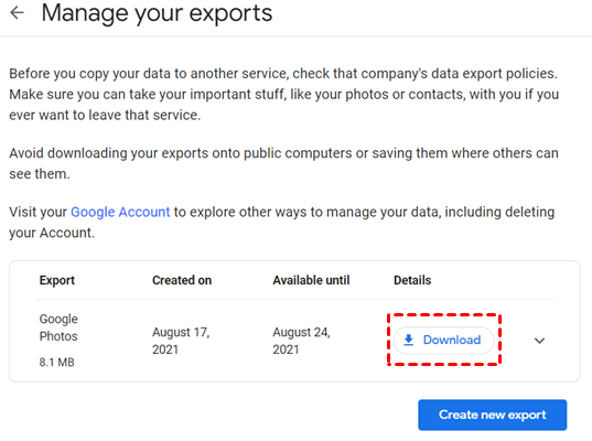 Click Download in Google Takeout