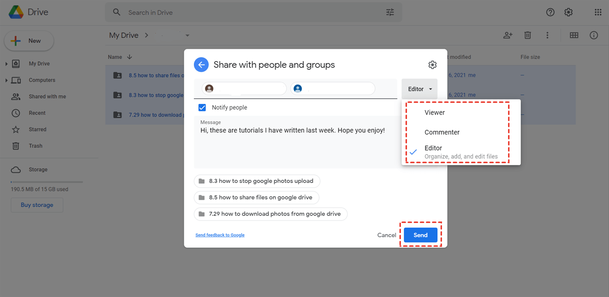 Click Send to Share on Google Drive