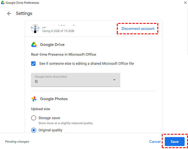 Disconnect Account Google Drive