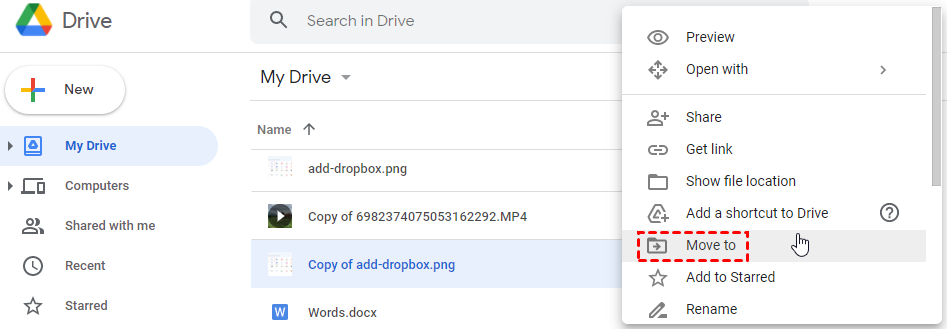 Move the Copied File in Google Drive Web