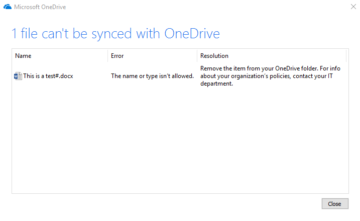 OneDrive Cannot Sync File with Invalid Characters in Filename