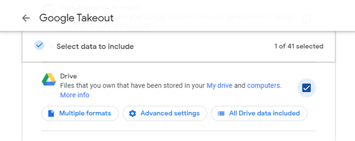 Select Drive on Google Takeout