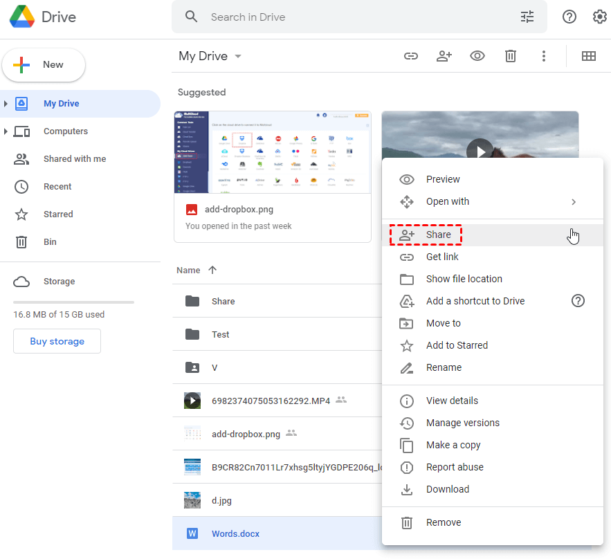 Share Files from the Google Drive Website