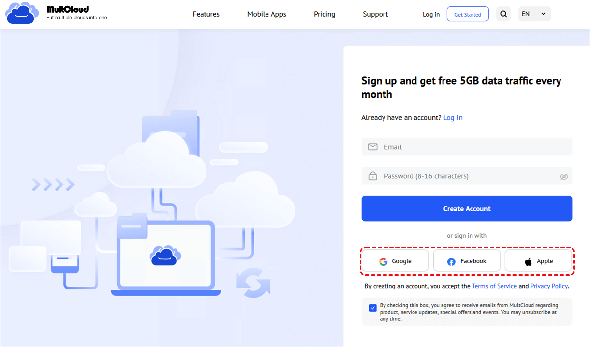Sign up for MultCloud