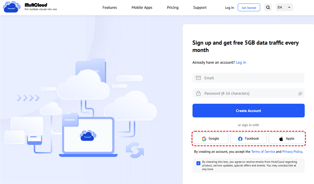 Sign Up MultCloud for Free