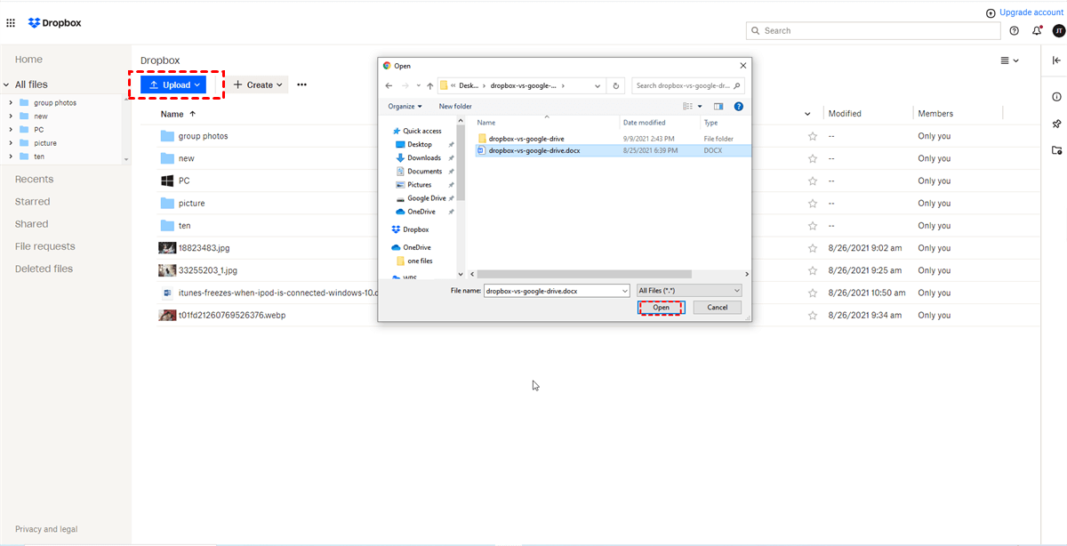 Upload File to Dropbox and Click Open