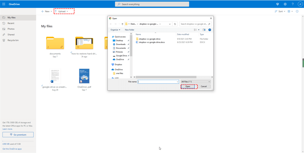 Upload Files to OneDrive and Click Open