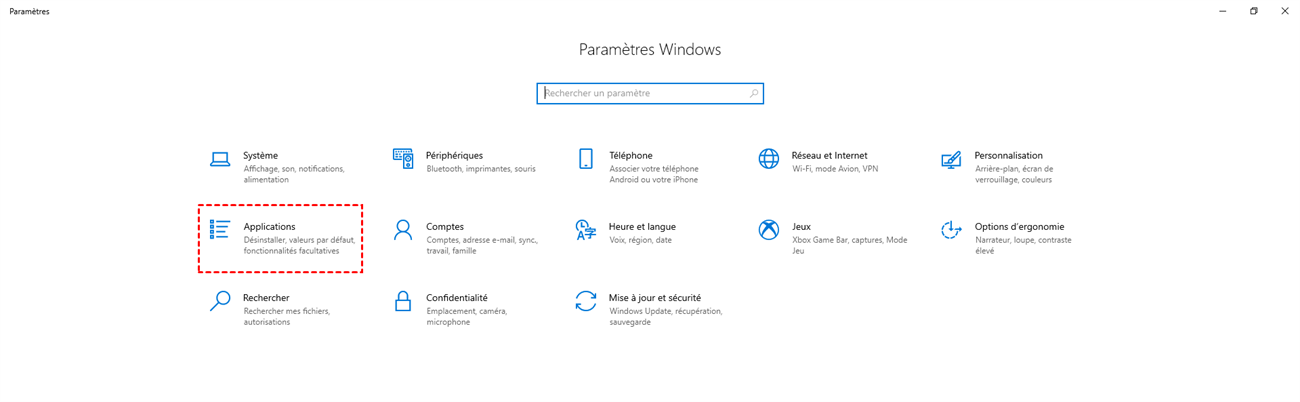 Applications dans les paramètres Windows