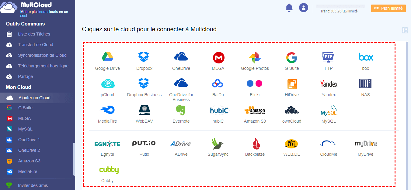 Plus de 30 clouds supportés par MultCloud