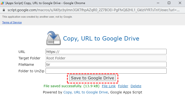 Enregistrer l'URL sur Google Drive