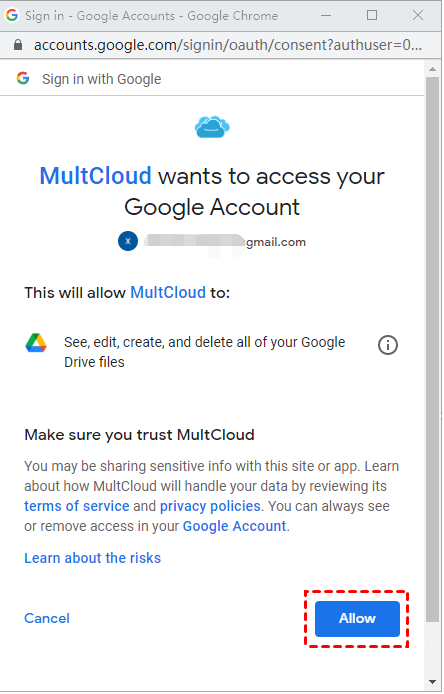Allow MultCloud to access Google Drive