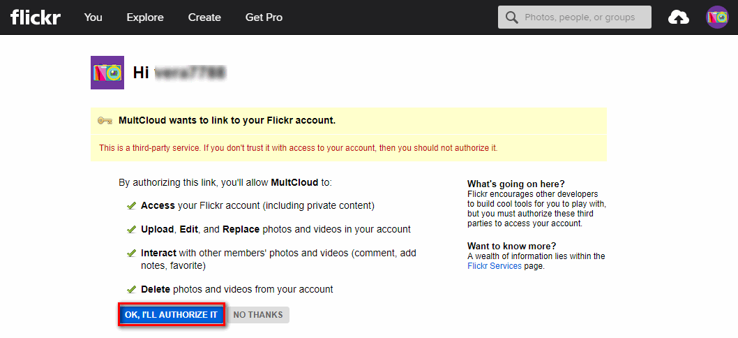 Flickrに許可をします