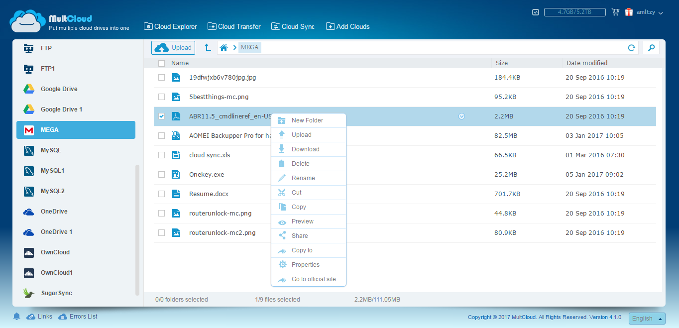 Transferir MEGA para Google Drive, Dropbox, OneDrive, Box, FTP