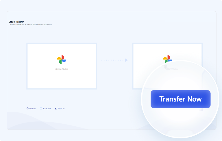 MultCloud Cloud Transfer: choose source and destination Google Photos and click Transfer Now