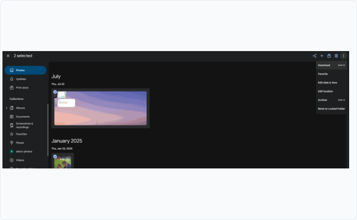 Google Photos interface: select photos and download