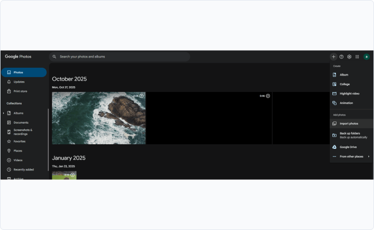 Google Photos interface: import photos to the new account