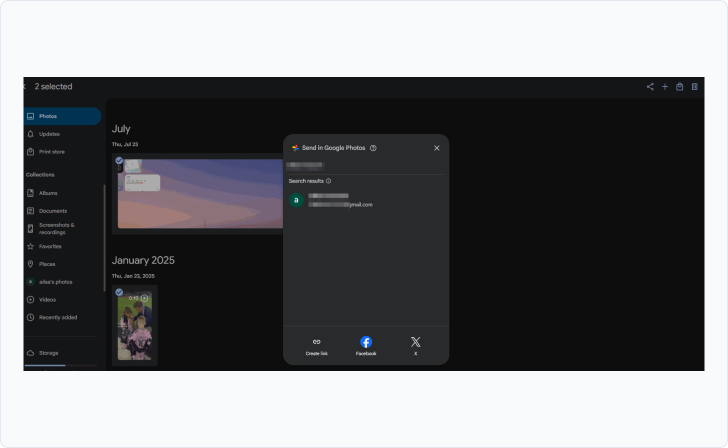 Google Photos interface: send the selected photos to the new account