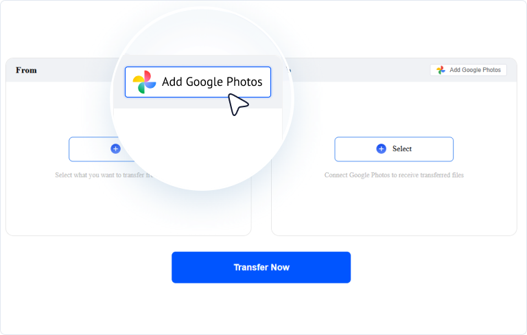 MultCloud transfer page: Add Google Photos in the From section