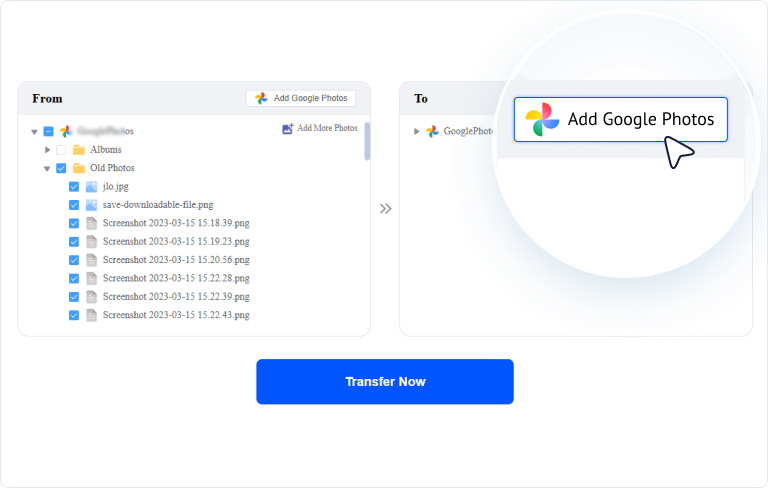 MultCloud transfer page: source files selected, Add Google Photos in the To section