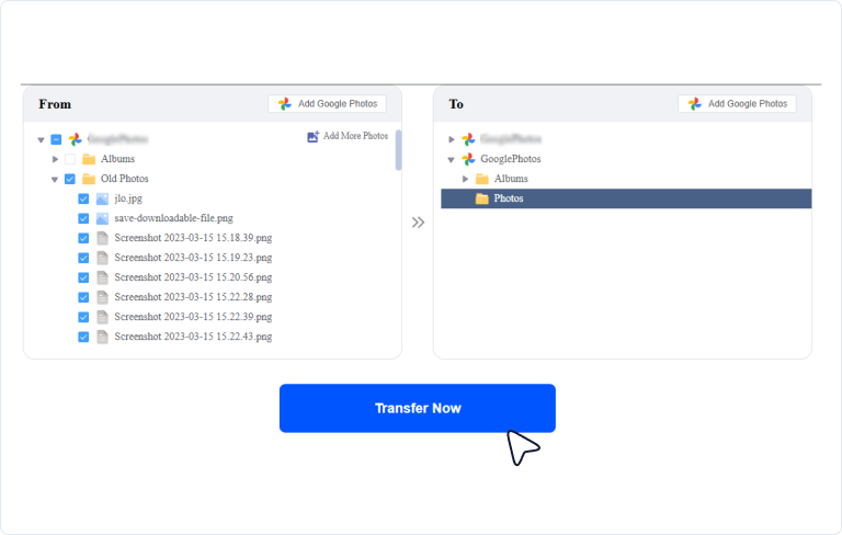 MultCloud transfer page: target folder chosen, ready to click Transfer Now