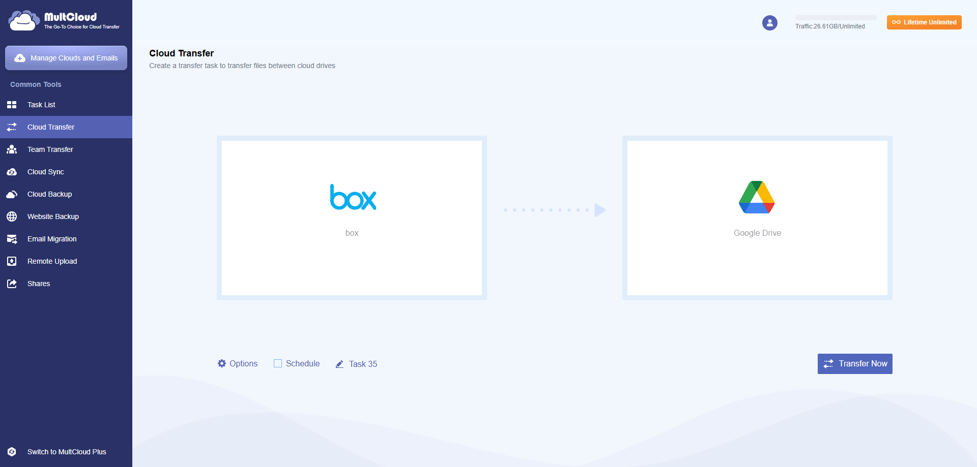 Create a MultCloud transfer task from Box to Google Drive