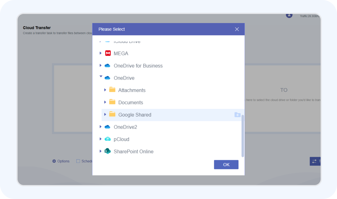 Selecting shared files and a OneDrive destination