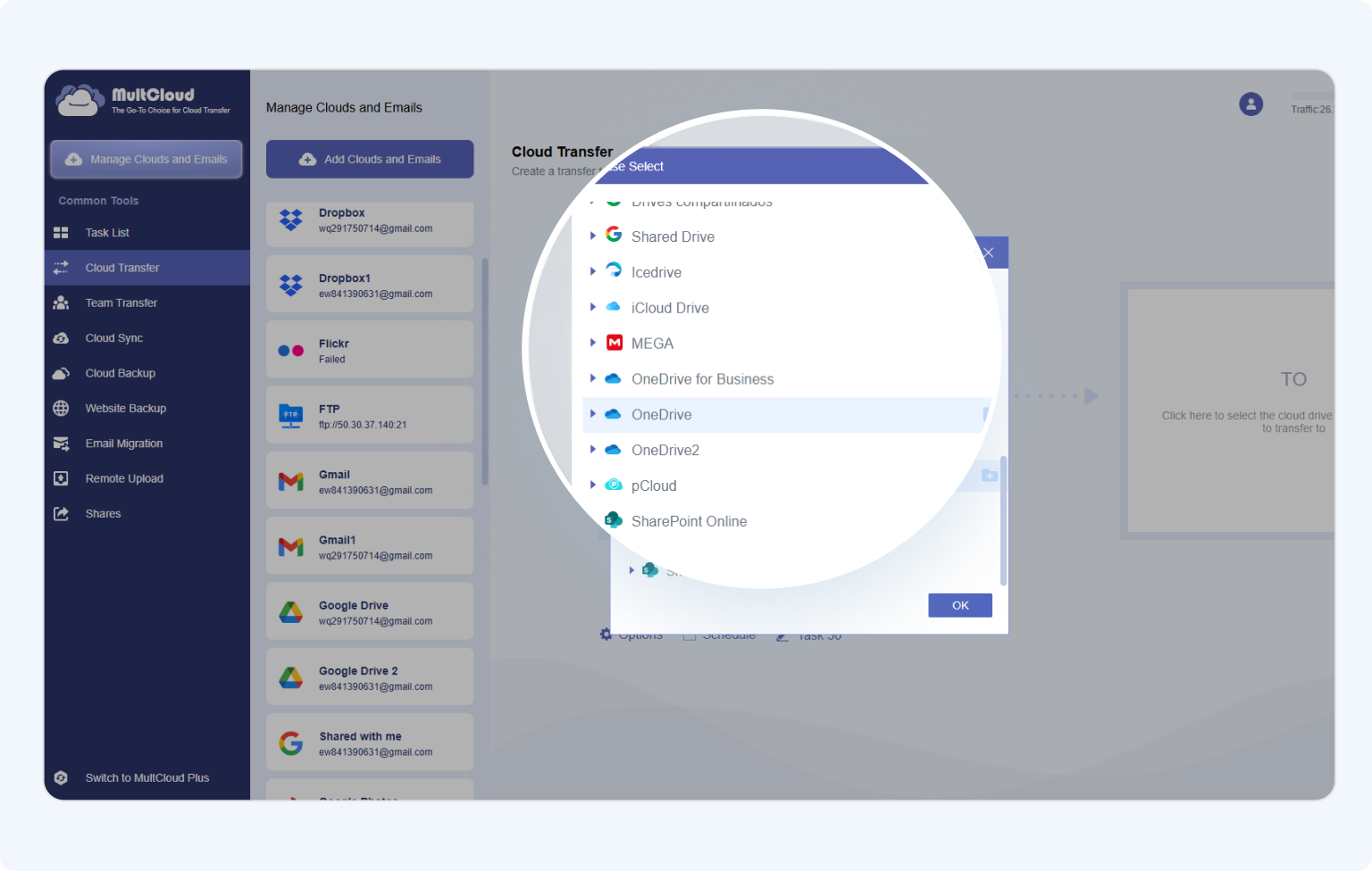 Choose Google Drive and OneDrive for a cloud transfer