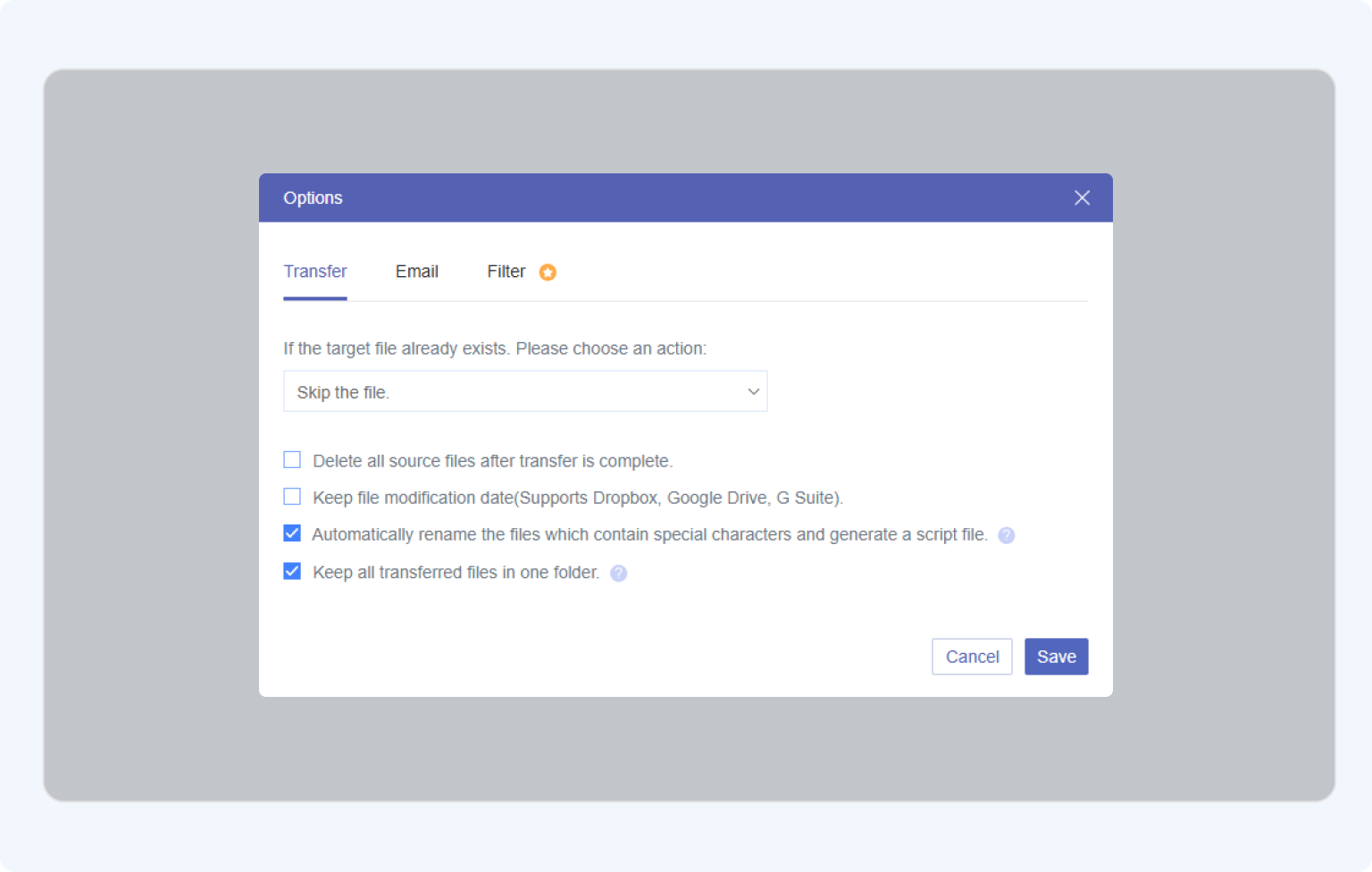 Configure Google Drive to OneDrive transfer options