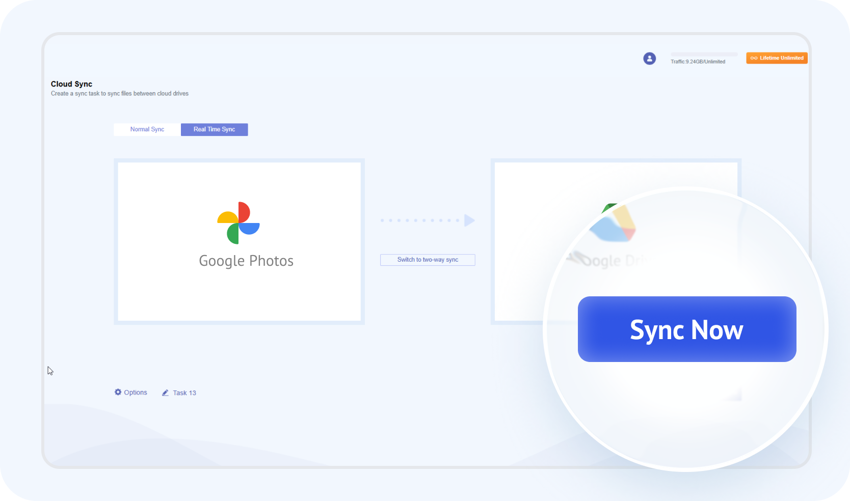 Create and start a Google Photos to Google Drive sync task
