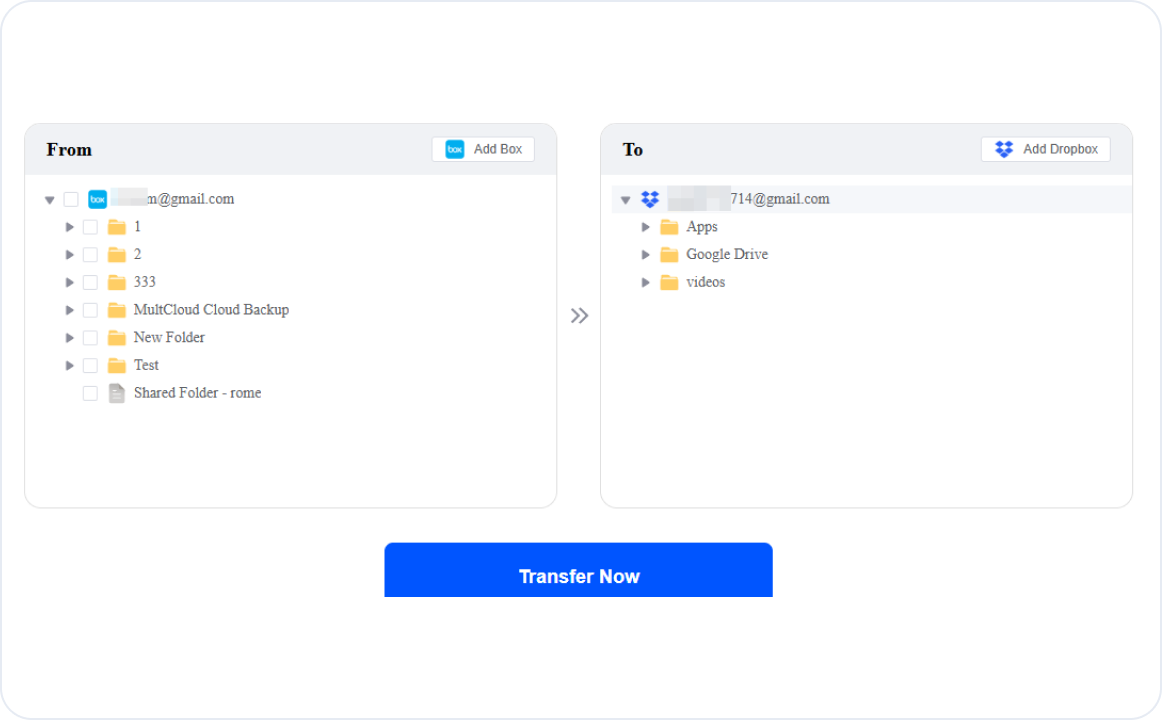 Box to Dropbox quick transfer interface