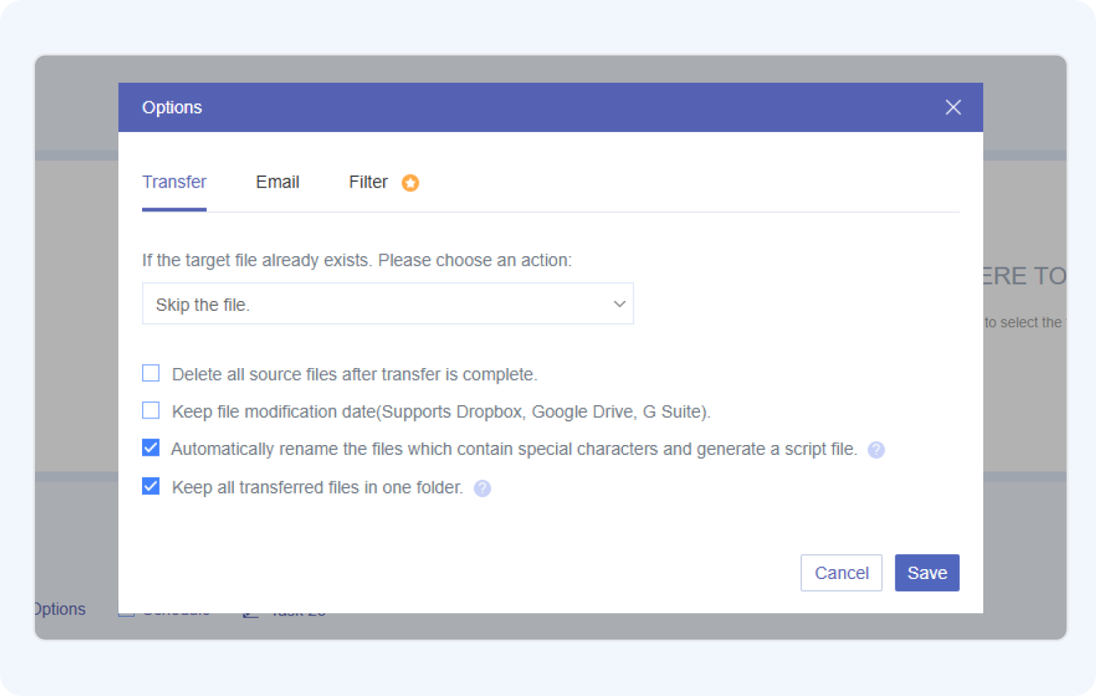 Configure transfer options