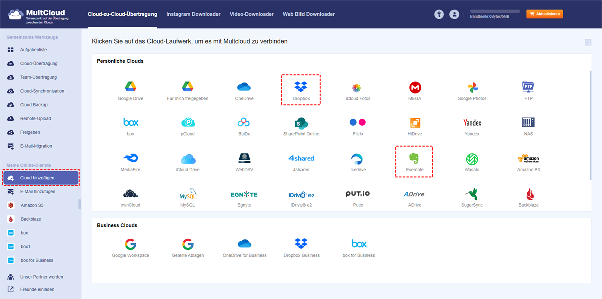 Evernote und Dropbox hinzufügen Evernote und Dropbox hinzufügen