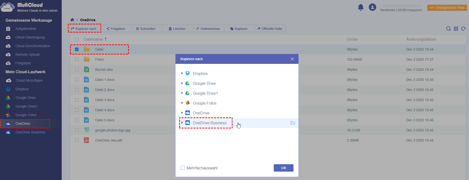 Dateien von OneDrive Personal zu OneDrive Business verschieben
