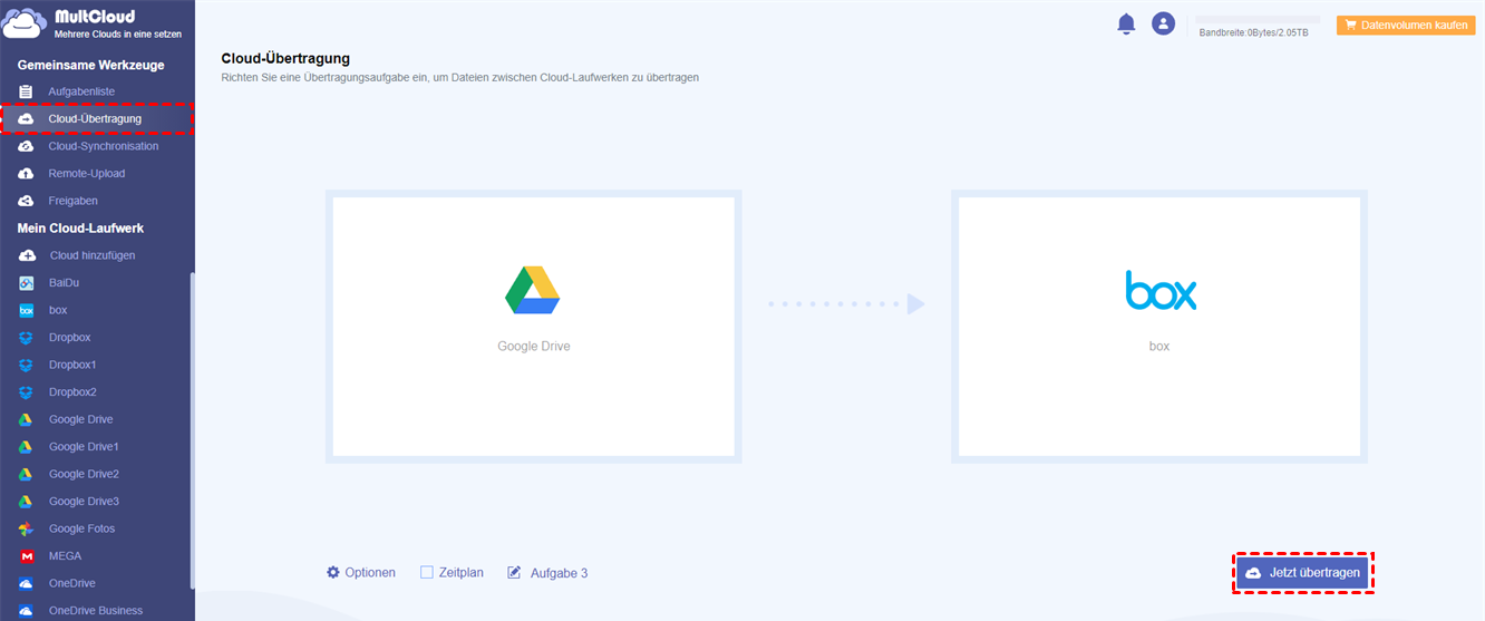 Beispiel: Übertragung von Google Drive zu Box über MultCloud