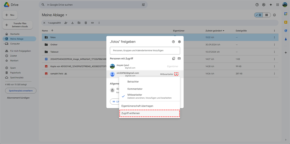 „Zugriff entfernen“ klicken „Zugriff entfernen“ klicken